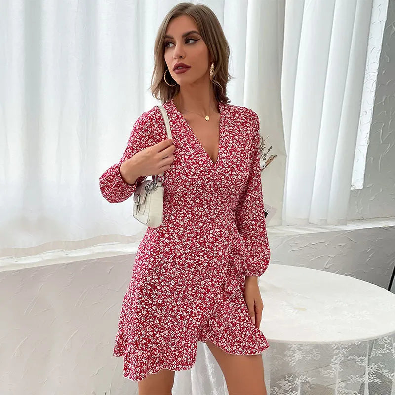 Casual yet elegant women's autumn wrap mini dress. V-neck, ruffles, and long sleeves in a versatile wine red.