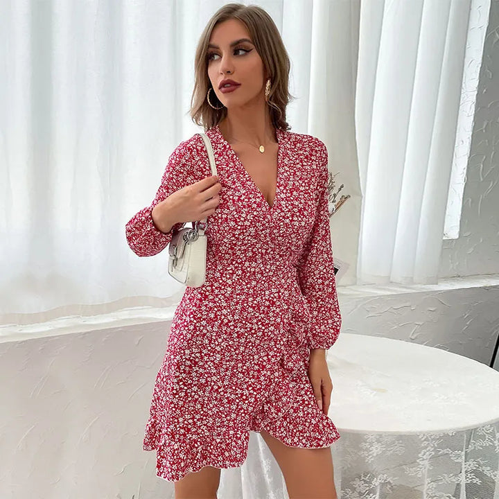 Casual yet elegant women's autumn wrap mini dress. V-neck, ruffles, and long sleeves in a versatile wine red.