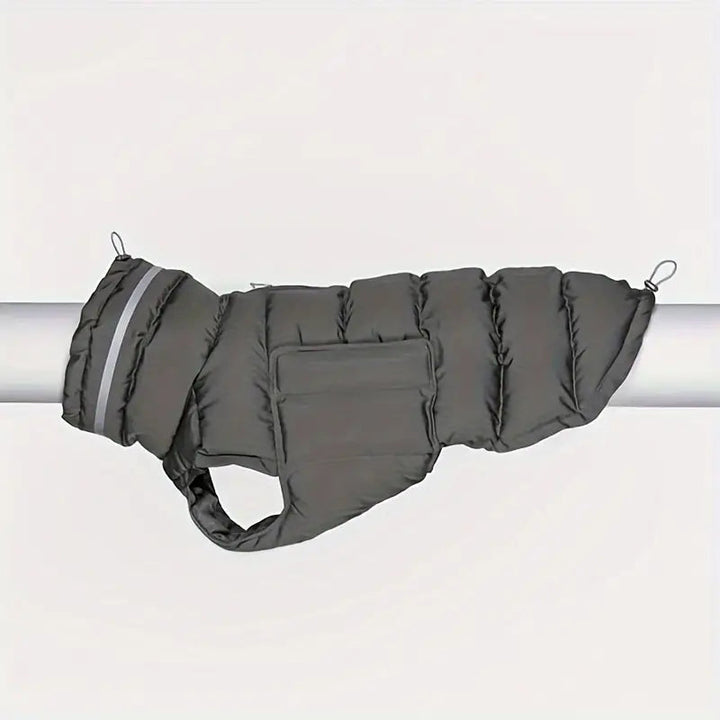Adjustable straps on a black insulated dog coat, ensuring a snug and warm fit for pets
