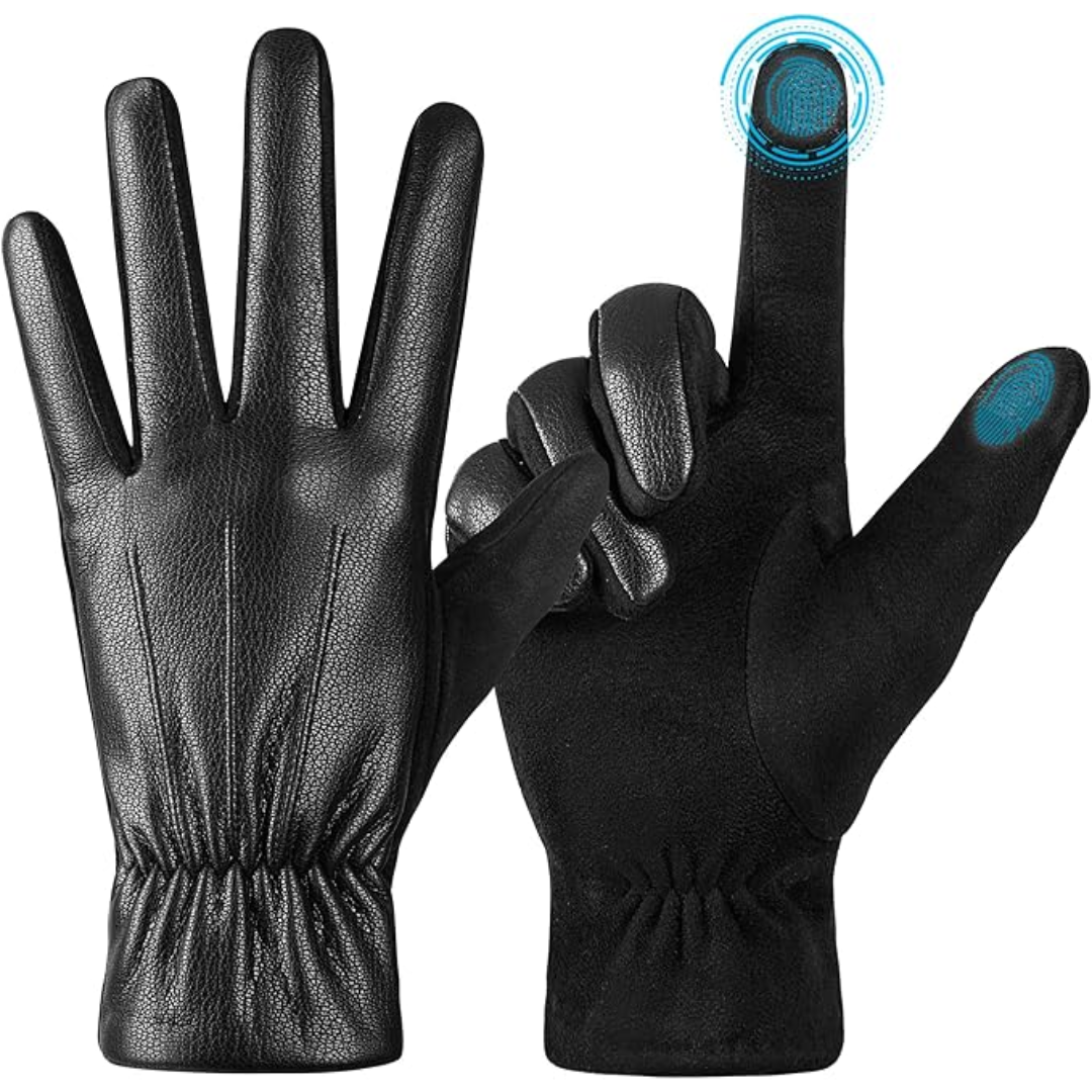Premium men's suede leather tech gloves, windproof & warm, designed for winter touchscreen use.