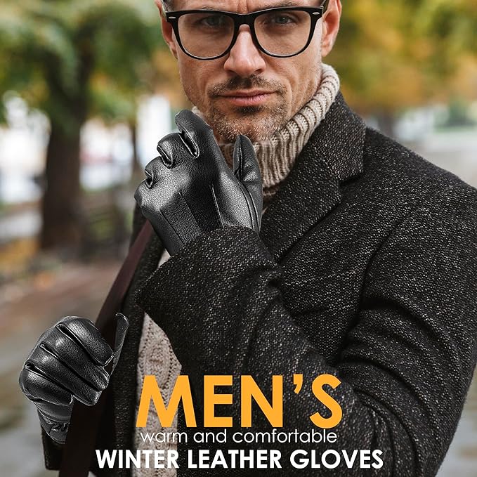 High-quality men's suede leather winter gloves, warm, windproof, & touchscreen compatible for cold weather.