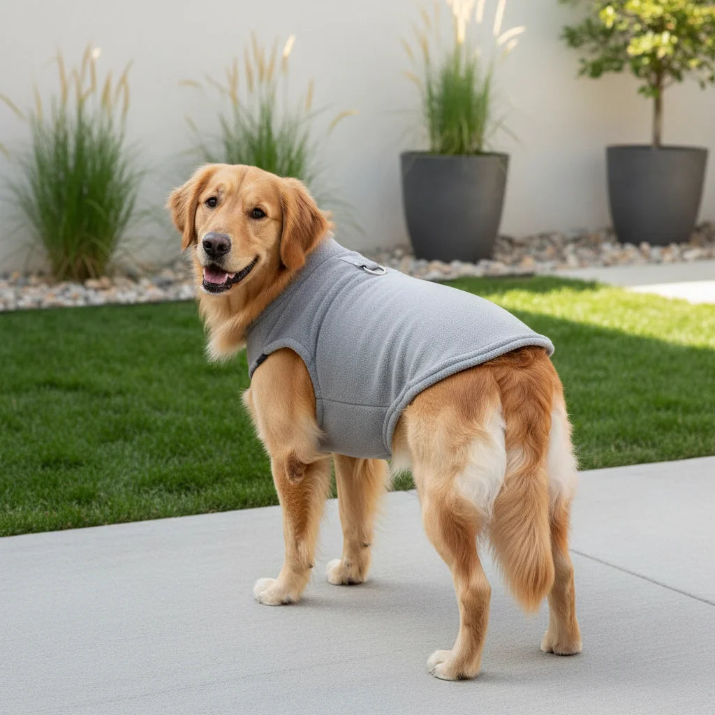 Small pet winter jacket, dog coat with integrated D-ring, warm for cold weather outdoor pet gear.