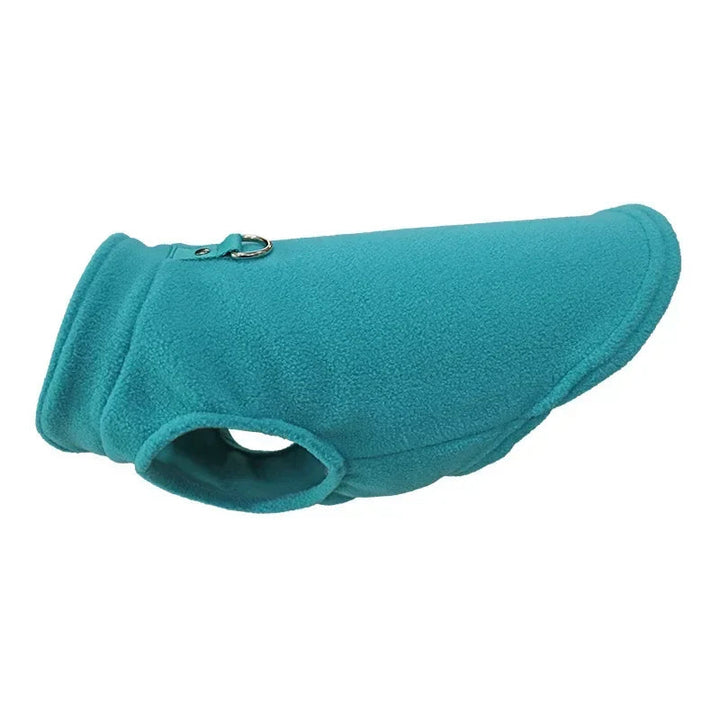 Pet coat for small dogs, warm winter fleece with D-ring attachment, comfortable canine apparel.
