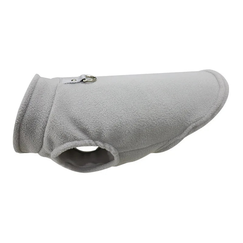Fleece winter dog coat with D-ring, designed for small pets, excellent for cold outdoor pet gear.