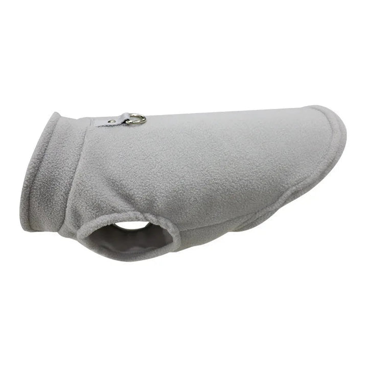 Fleece winter dog coat with D-ring, designed for small pets, excellent for cold outdoor pet gear.