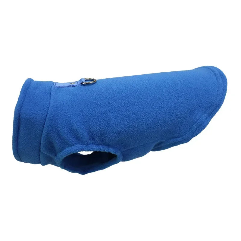 D-ring dog coat, winter warm fleece jacket for small pets, comfortable and secure outdoor wear.