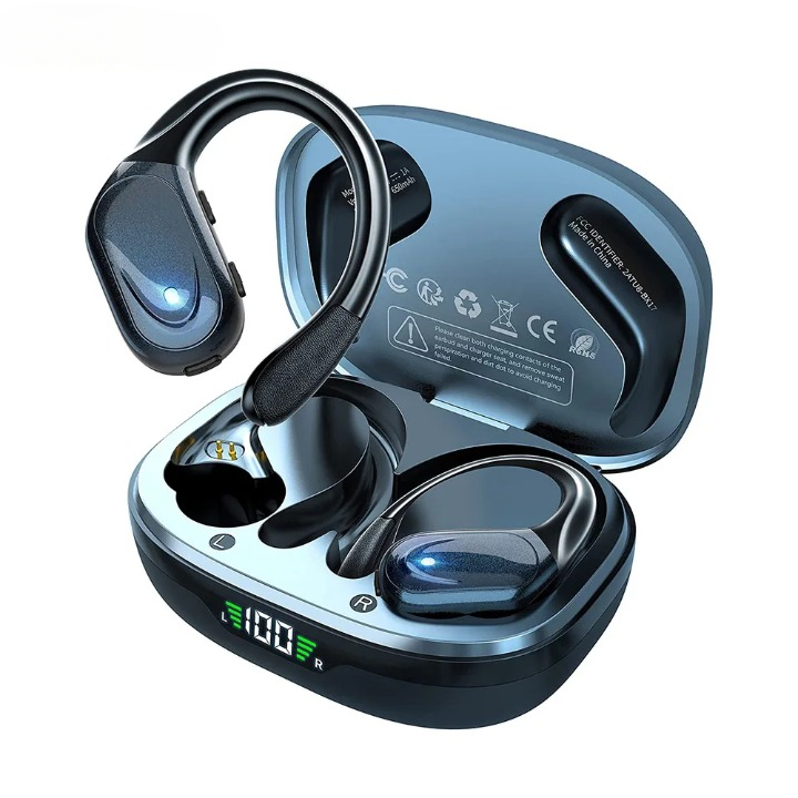 Wireless Bluetooth 5.3 sport earbuds with mic in LED charging case, offering 75H playback. Get 1+1 FREE.