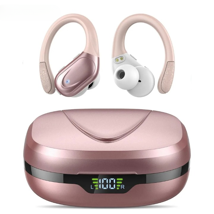 Athlete running outdoors wearing waterproof wireless Bluetooth sport earbuds with mic for clear audio.