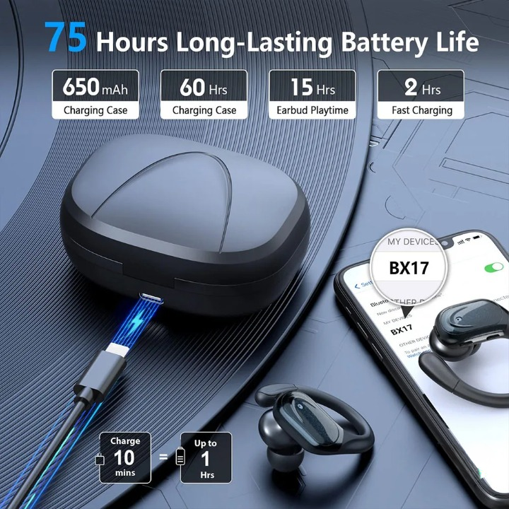 Open LED charging case displaying sleek wireless sport earbuds & battery status. Long battery life.