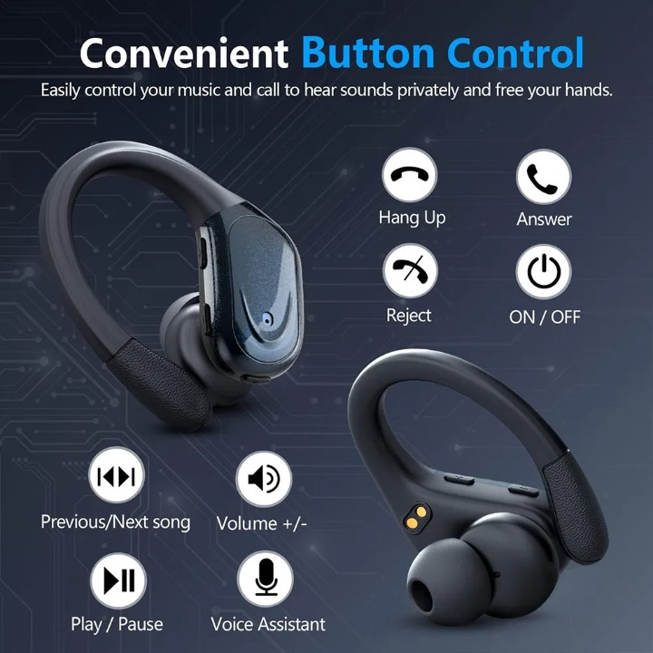 Durable waterproof wireless sport earbuds, perfect for intense workouts. Enjoy clear audio & calls.