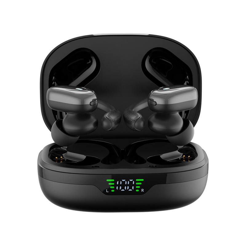 Energetic person enjoying music with wireless sport headphones. Features Bluetooth 5.3, mic & 75H playback.