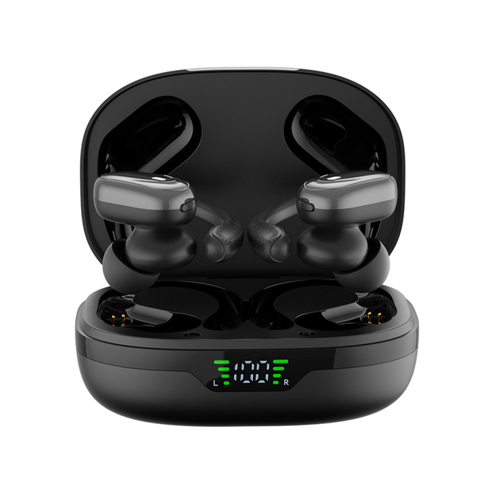 Energetic person enjoying music with wireless sport headphones. Features Bluetooth 5.3, mic & 75H playback.