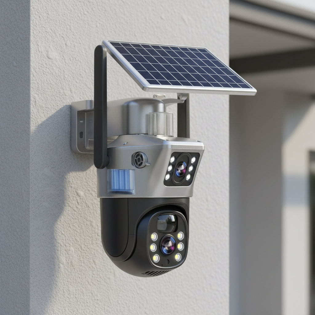 360° PTZ 4K wireless outdoor security camera, solar-powered with night vision & motion detection.