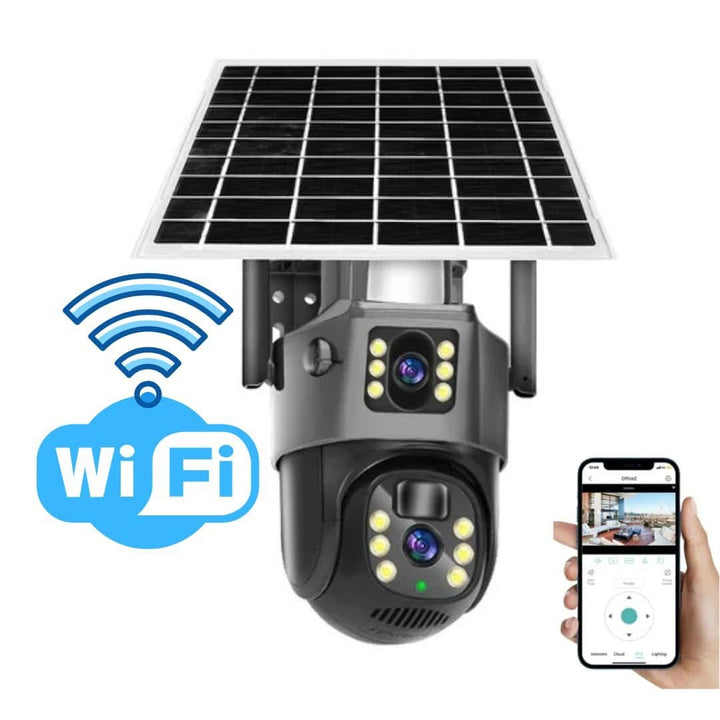 Advanced 4K wireless outdoor security camera with solar panel, two-way audio & remote monitoring.