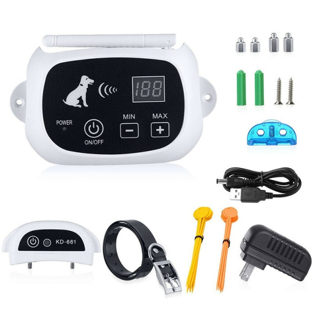 Wireless pet containment system, adjustable boundary, for dog safety outdoors