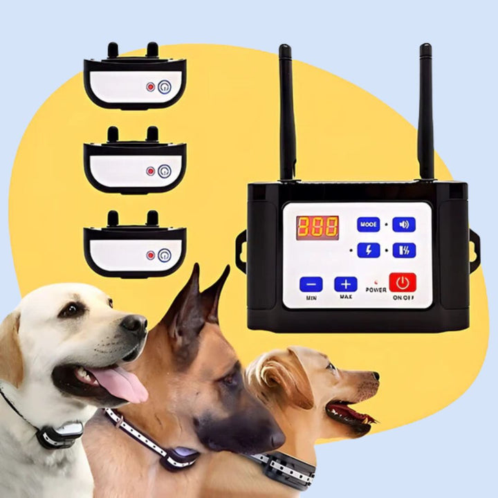 Wireless pet containment system for dogs with adjustable range, showing area coverage.