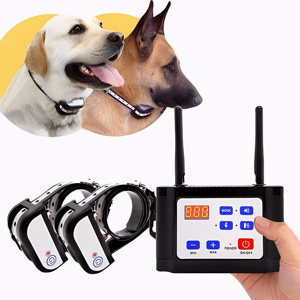 Electronic invisible fence for dogs, including a waterproof vibration collar & transmitter.