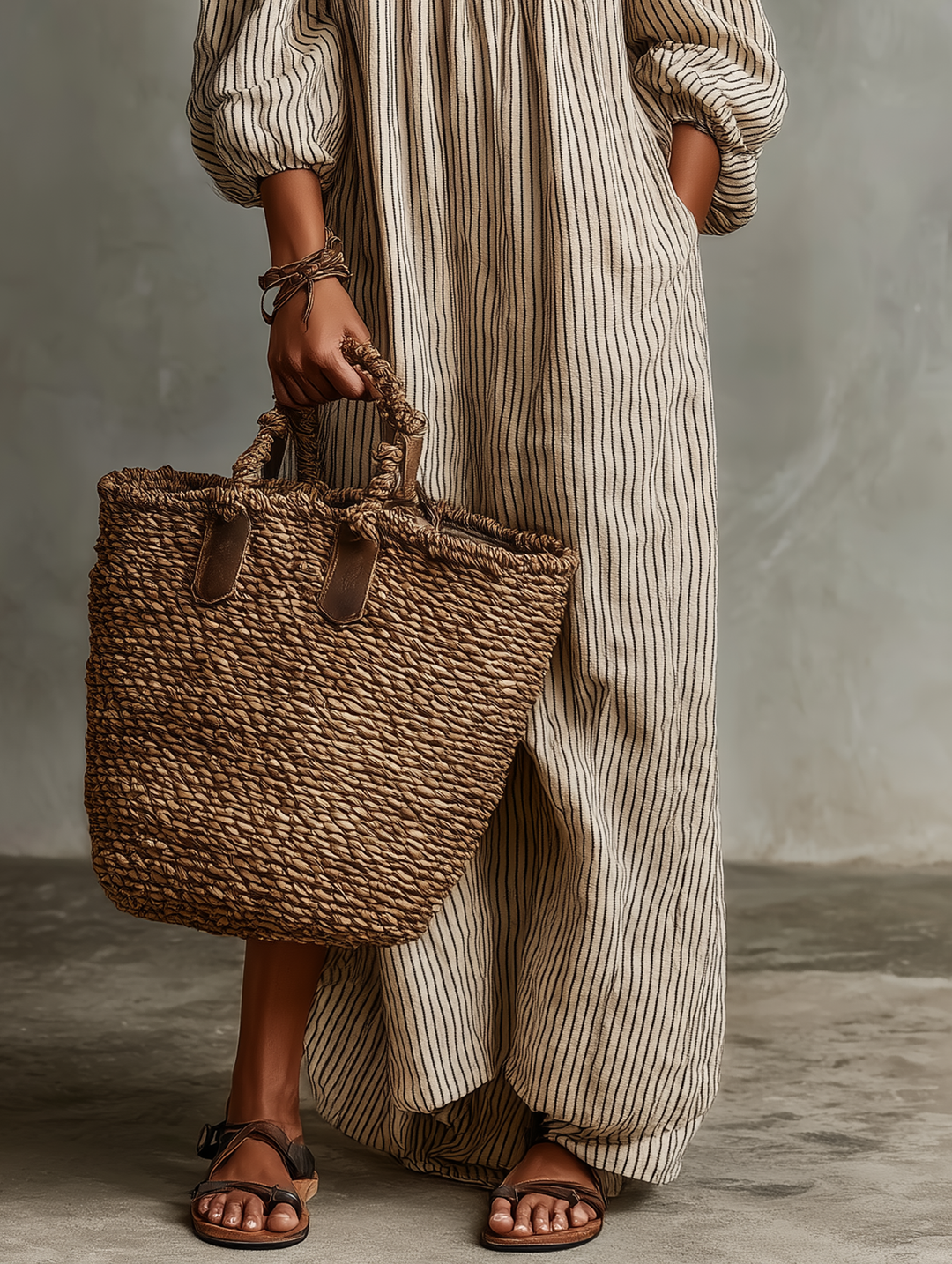 Woman walking in a chic striped off-shoulder puff sleeve maxi dress, a comfortable and stylish summer travel outfit.