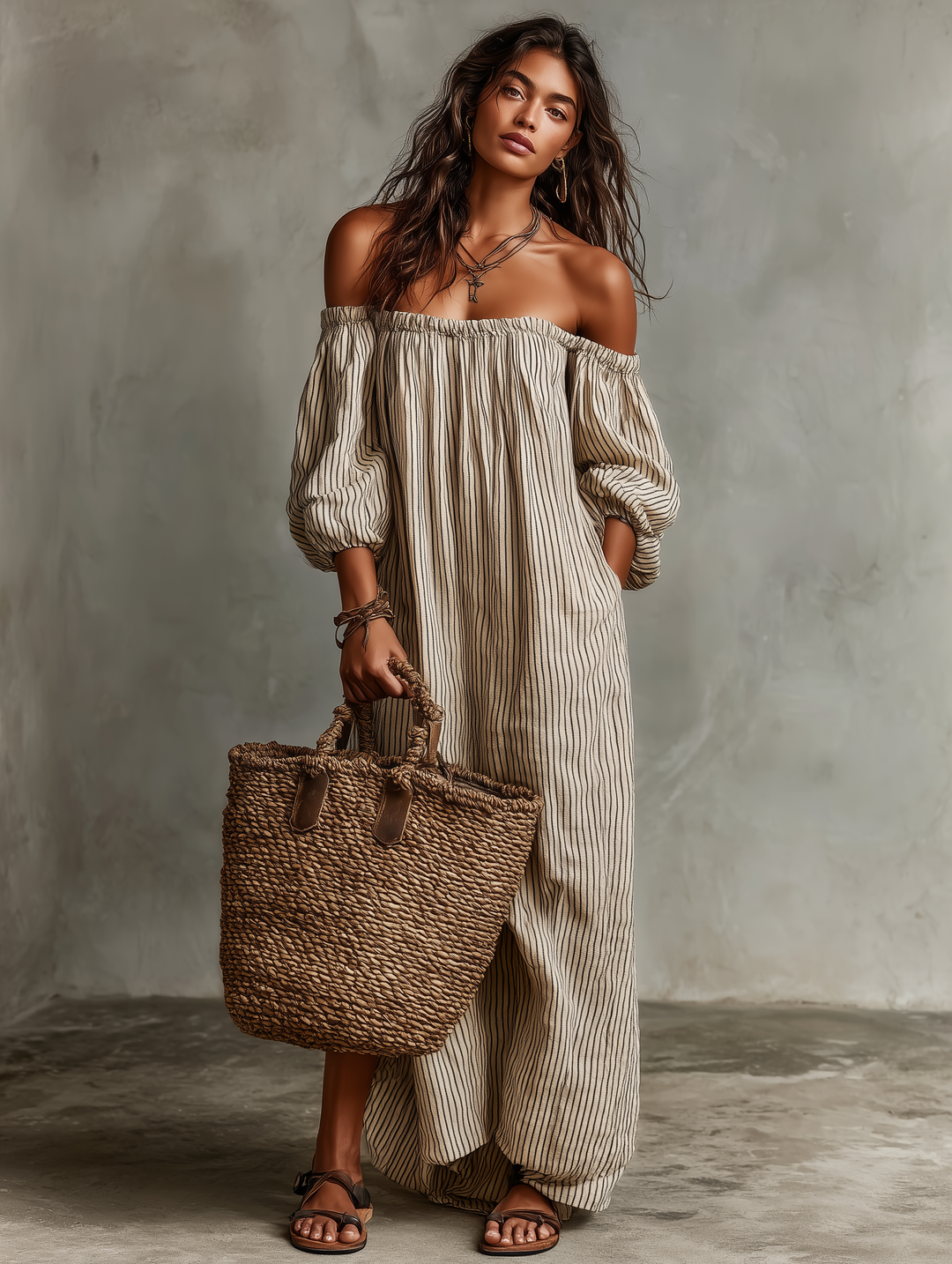 Full shot of a casual striped maxi dress for women, with an off-shoulder neckline and trendy puff sleeves.