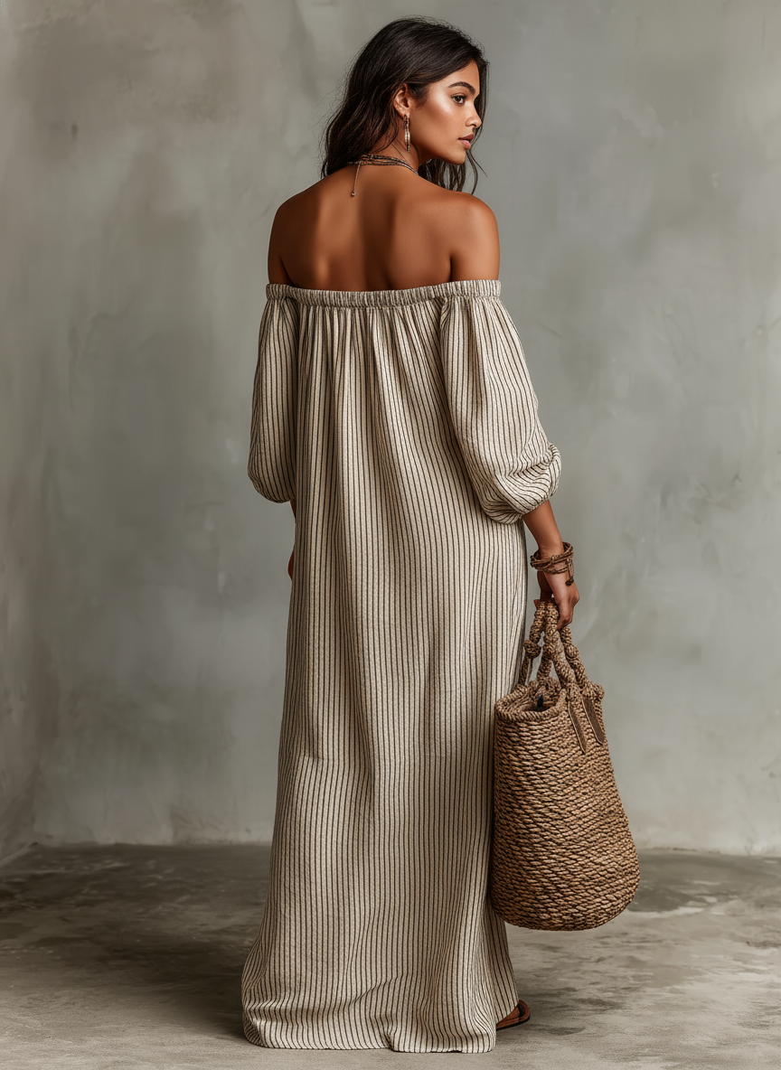 Versatile women's striped off-shoulder maxi dress with puff sleeves, great for casual elegance or vacation style.