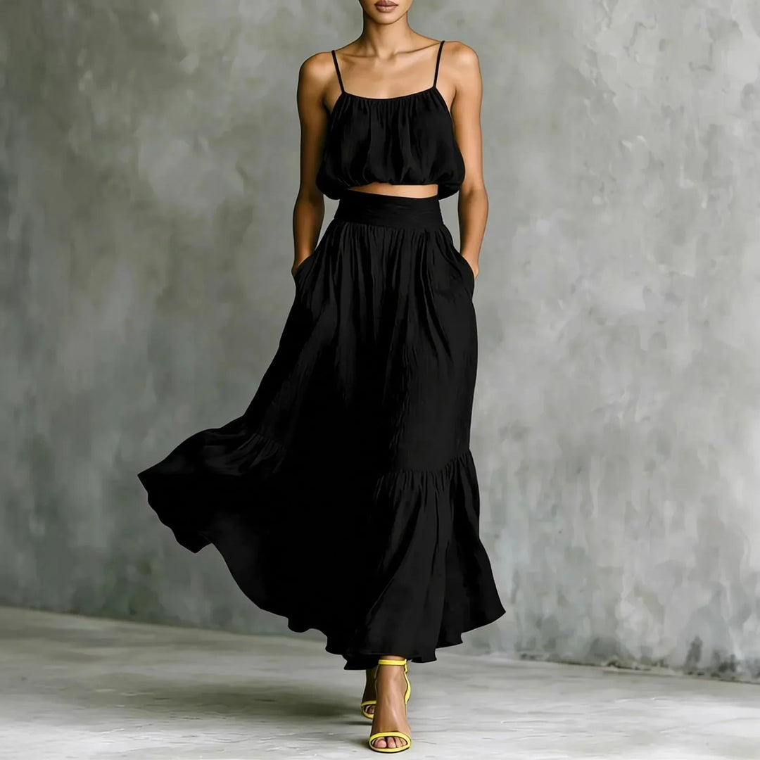 Flowy women's ruffle hem crop top & maxi skirt set, ideal casual elegant beach vacation outfit for summer.