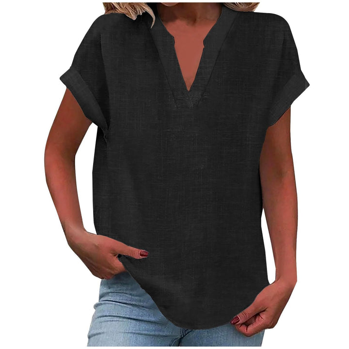 Casual yet elegant women's V-neck top with short sleeves, relaxed fit for versatile everyday wear.