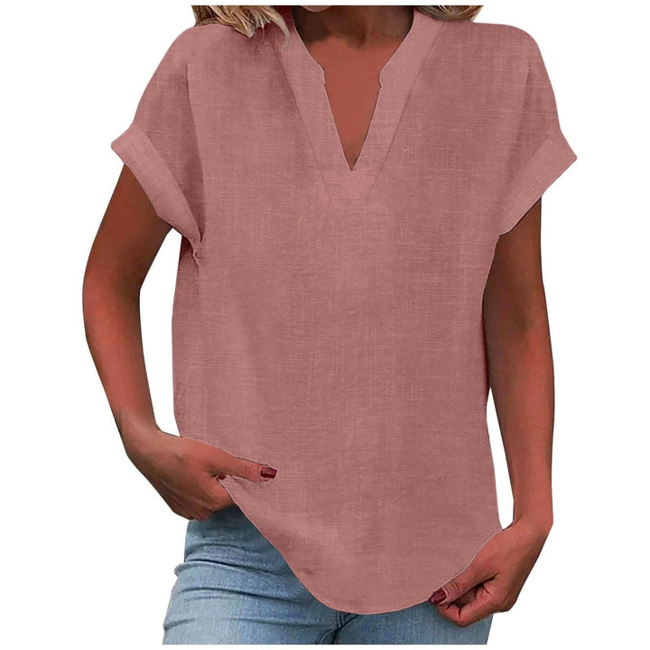 Full shot of woman in casual relaxed fit V-neck blouse, perfect for everyday summer fashion & comfort.