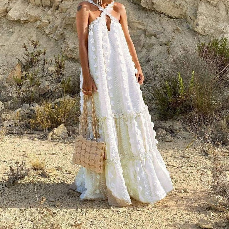 Handmade women's flowy summer maxi dress, designed for effortless style & comfort, perfect for vacation wear.