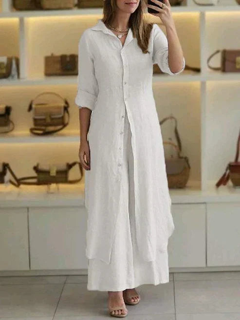 Elegant & versatile women's 3/4 sleeve button down maxi shirt dress, perfect for day wear.