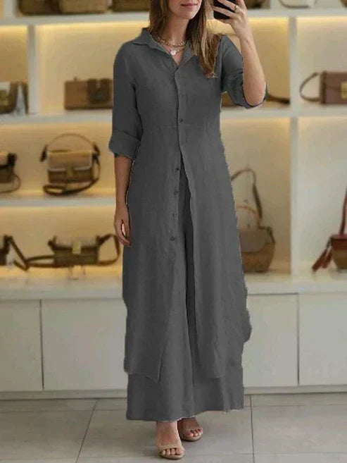Flowy women's button down maxi shirt dress, 3/4 sleeves, a stylish choice for summer fashion.