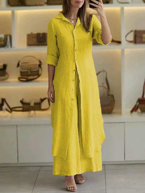Chic women's day dress: 3/4 sleeve button down maxi shirt dress, ideal for casual summer style.