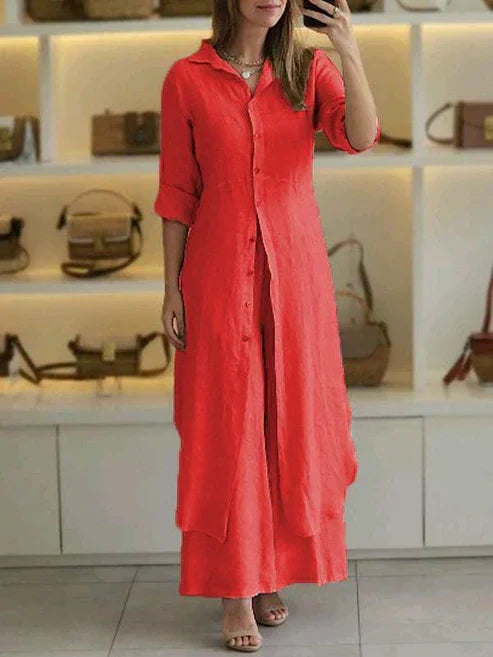 Fashionable women's versatile 3/4 sleeve button down maxi shirt dress, an elegant summer outfit.