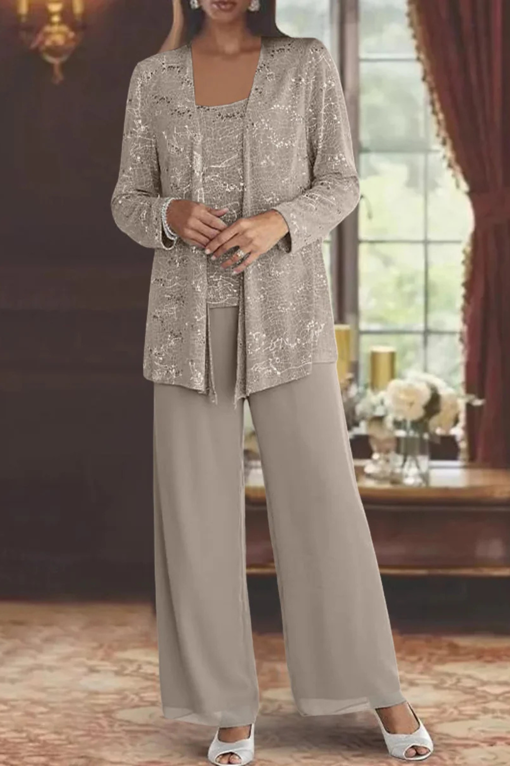 Sophisticated women's formal three-piece evening wear, perfect for upscale events, flowing design.
