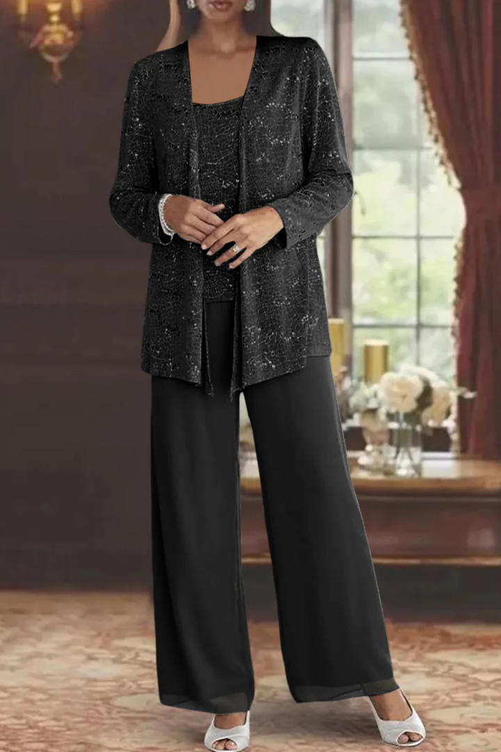 Graceful women's three-piece formal evening gown set, featuring a beautiful drape & silhouette.