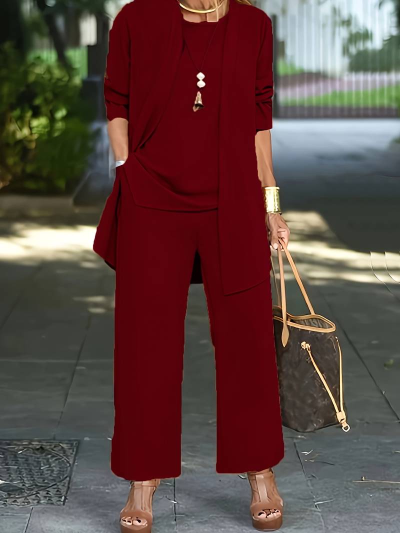 Women's 3 piece long sleeve round neck wide leg lounge set for versatile fall fashion.