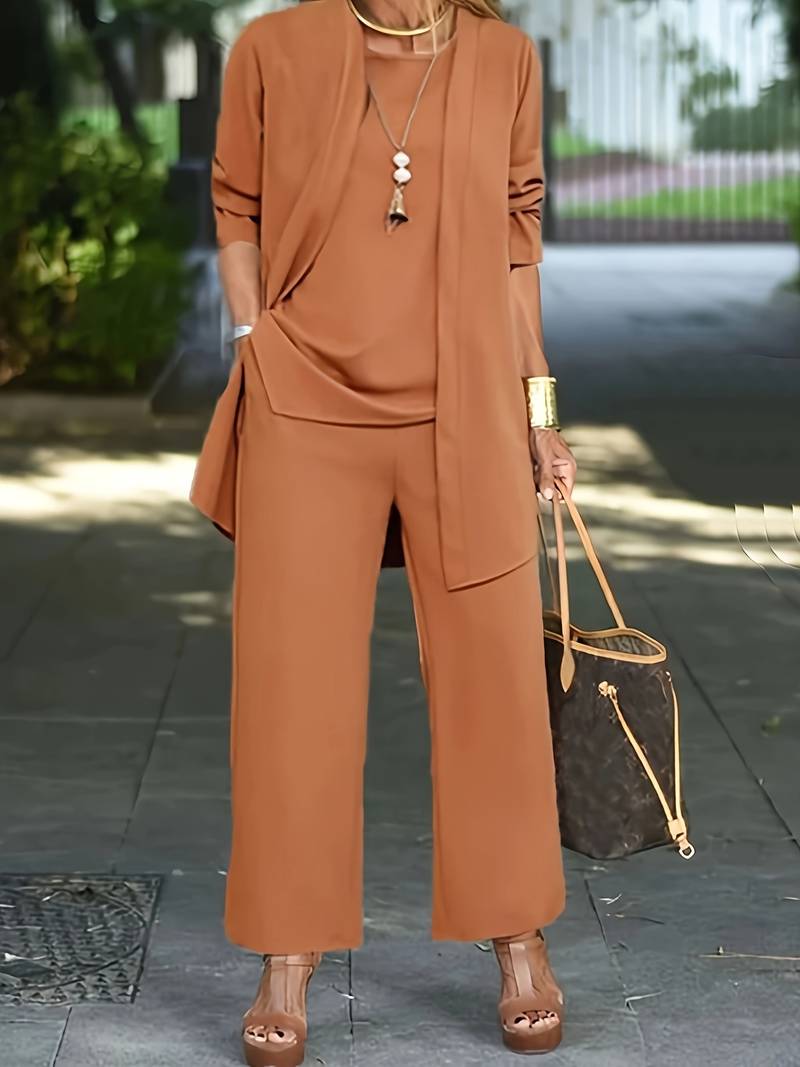 Women's casual 3 piece matching set with long sleeve top, round neck, and wide leg pants.