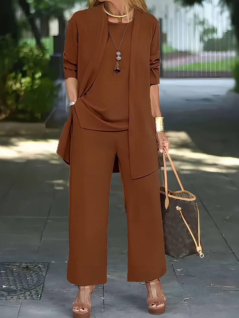 Stylish women's round neck long sleeve 3 piece set with wide leg pants for a chic lounge look.