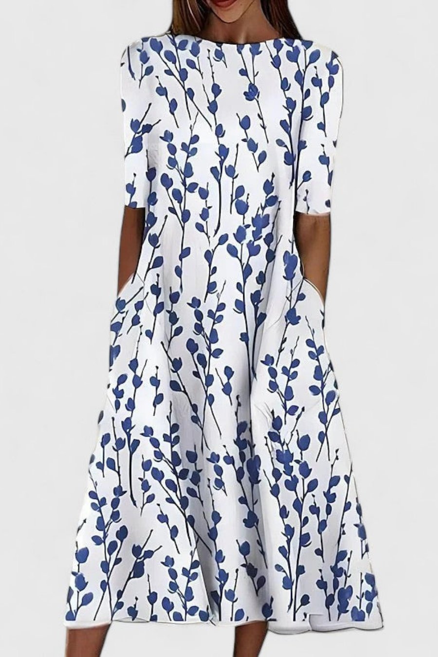 Women's A-line midi dress with short sleeves, round neck, and practical pockets, perfect for casual summer wear.
