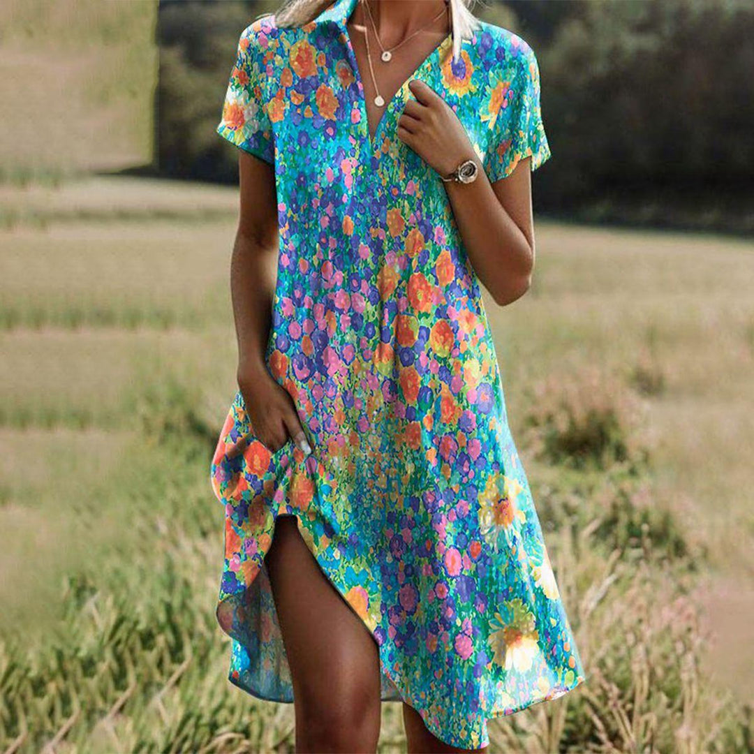 Women's abstract floral V-neck high-low midi dress, perfect for casual summer outings & vacation.
