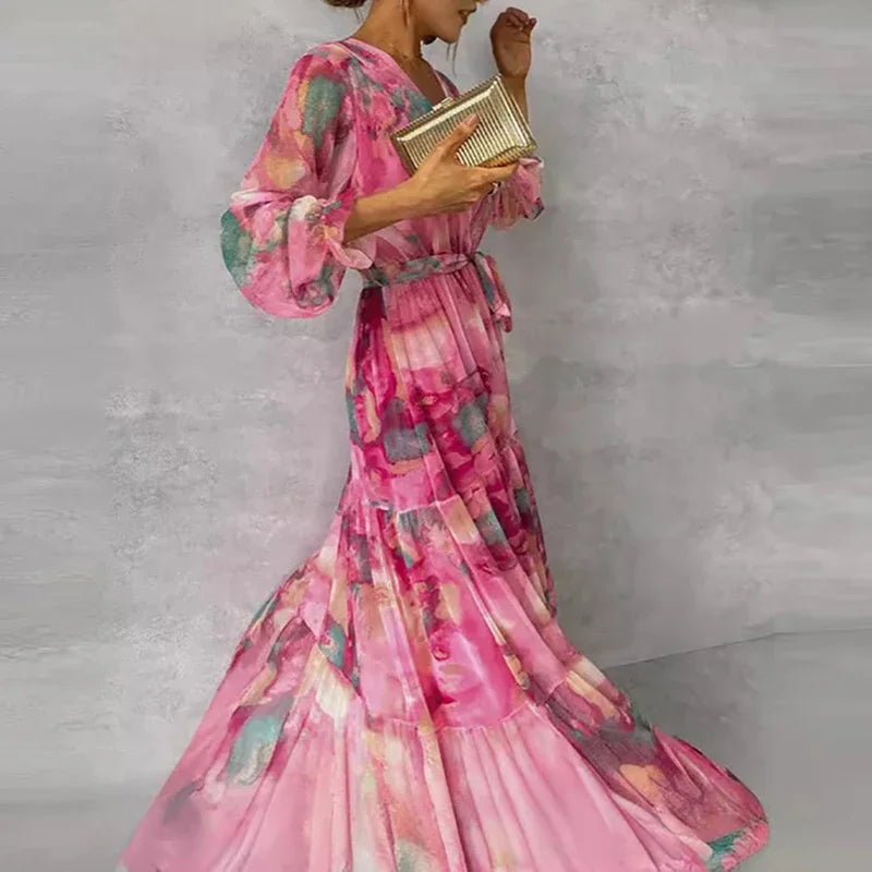 Romantic abstract floral tiered maxi dress for women. Perfect wedding guest or evening wrap V-neck style.