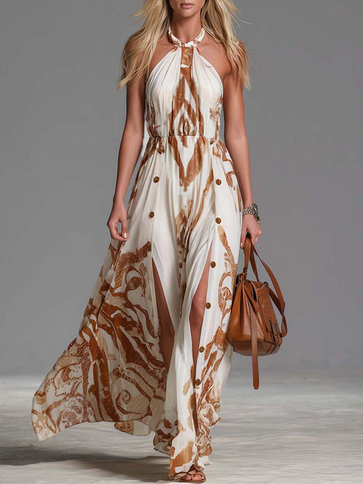 Women's abstract print halter maxi dress with stylish side split, perfect for summer vacations & resort wear.