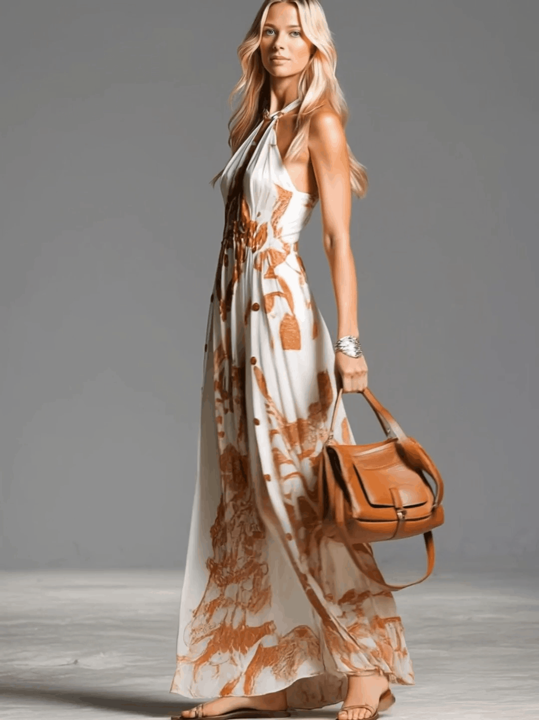 Sleeveless abstract halter maxi dress for women, ideal as a party or beach dress with an open back.