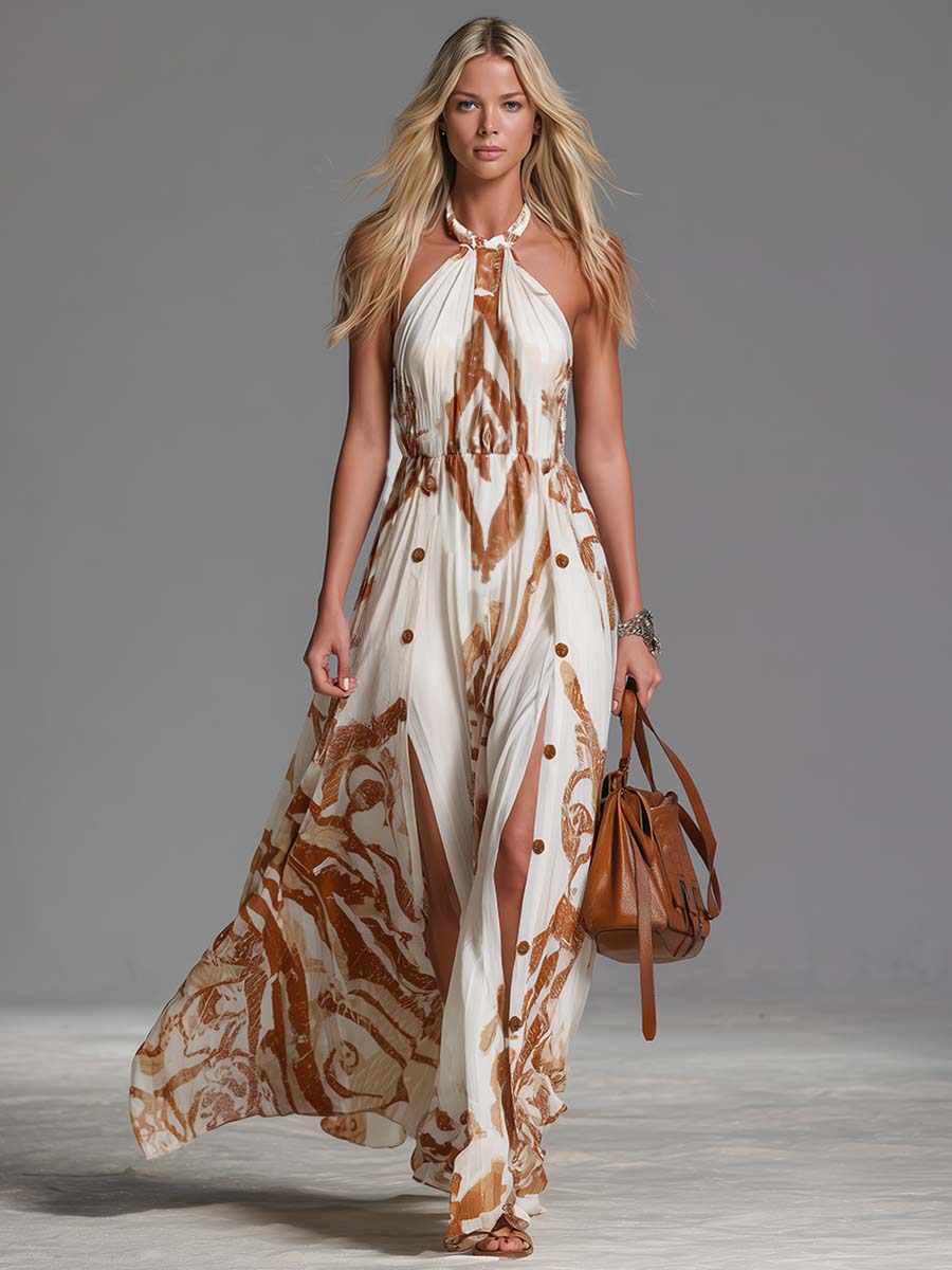 Vacation-ready women's abstract print maxi dress, a stylish halter neck and elegant side split design.