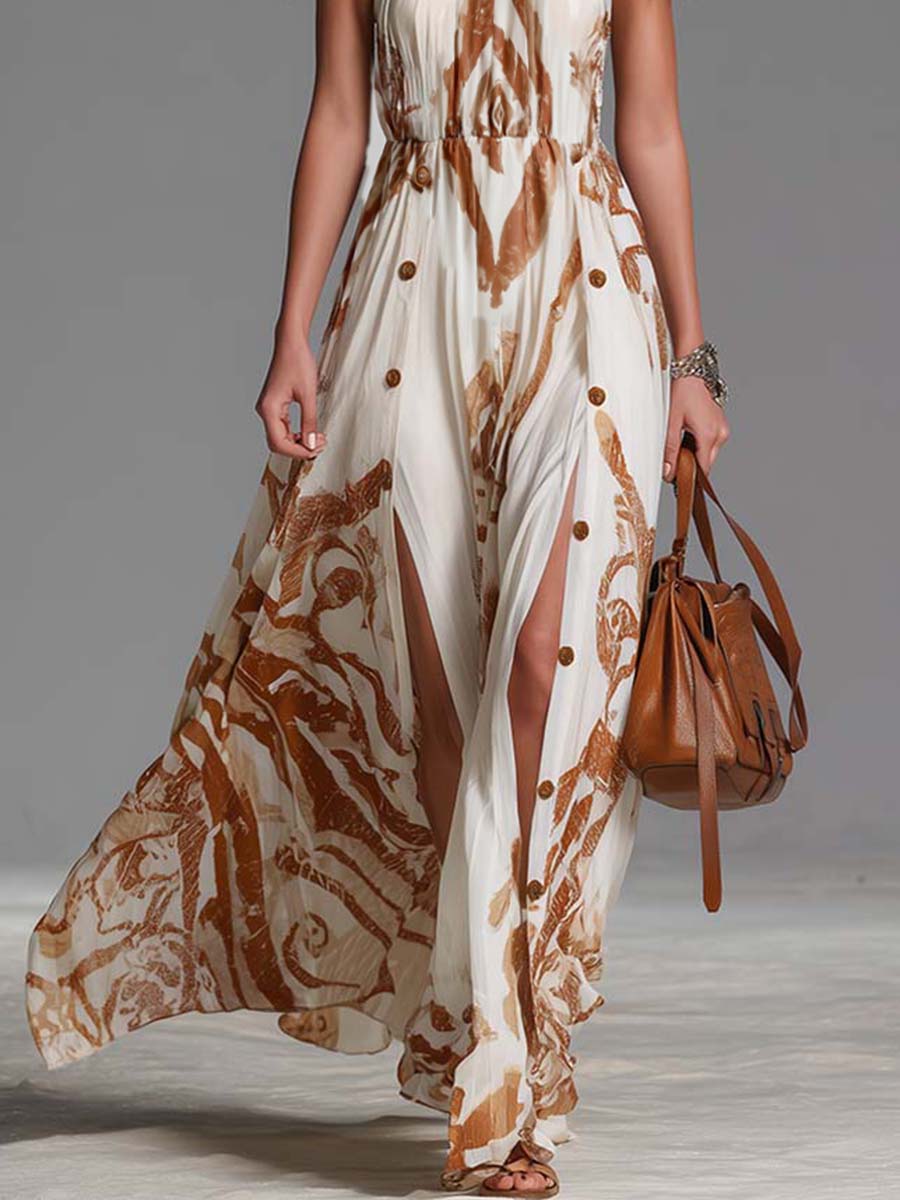 Chic women's resort wear: abstract print halter maxi dress with a sophisticated button side split.