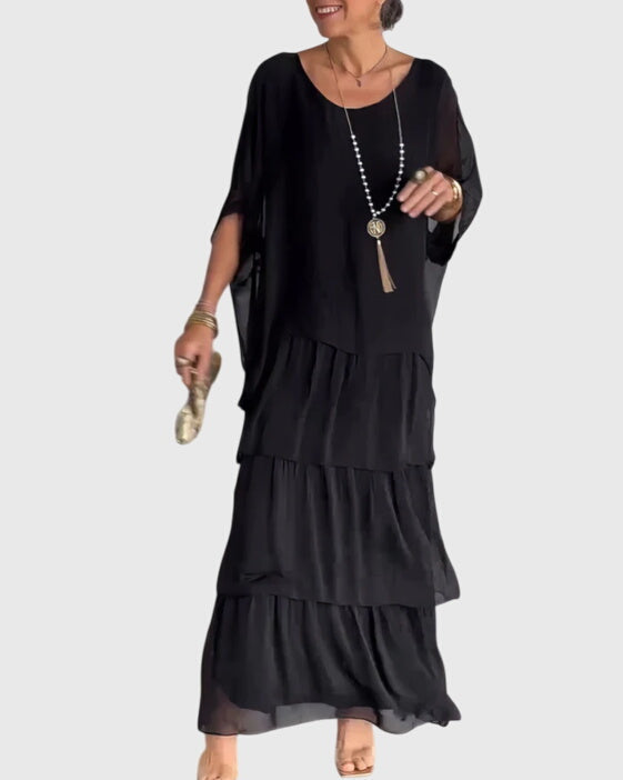 Comfortable & elegant women's abstract print maxi dress, tiered flowy boho for casual wear.