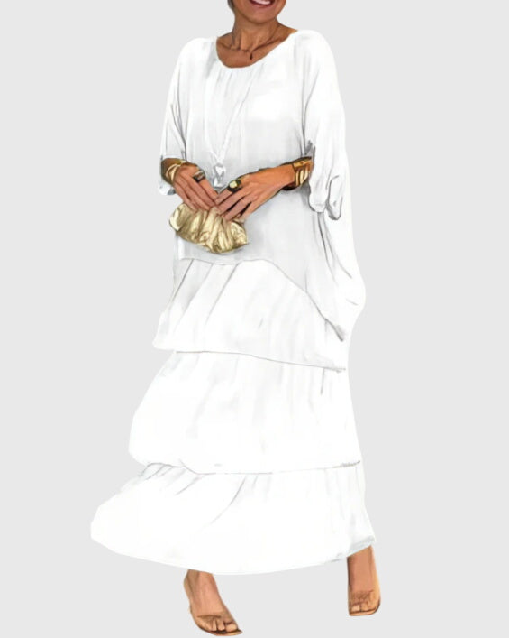 Batwing sleeve women's maxi dress with abstract print, tiered boho flowy for elegant comfort.