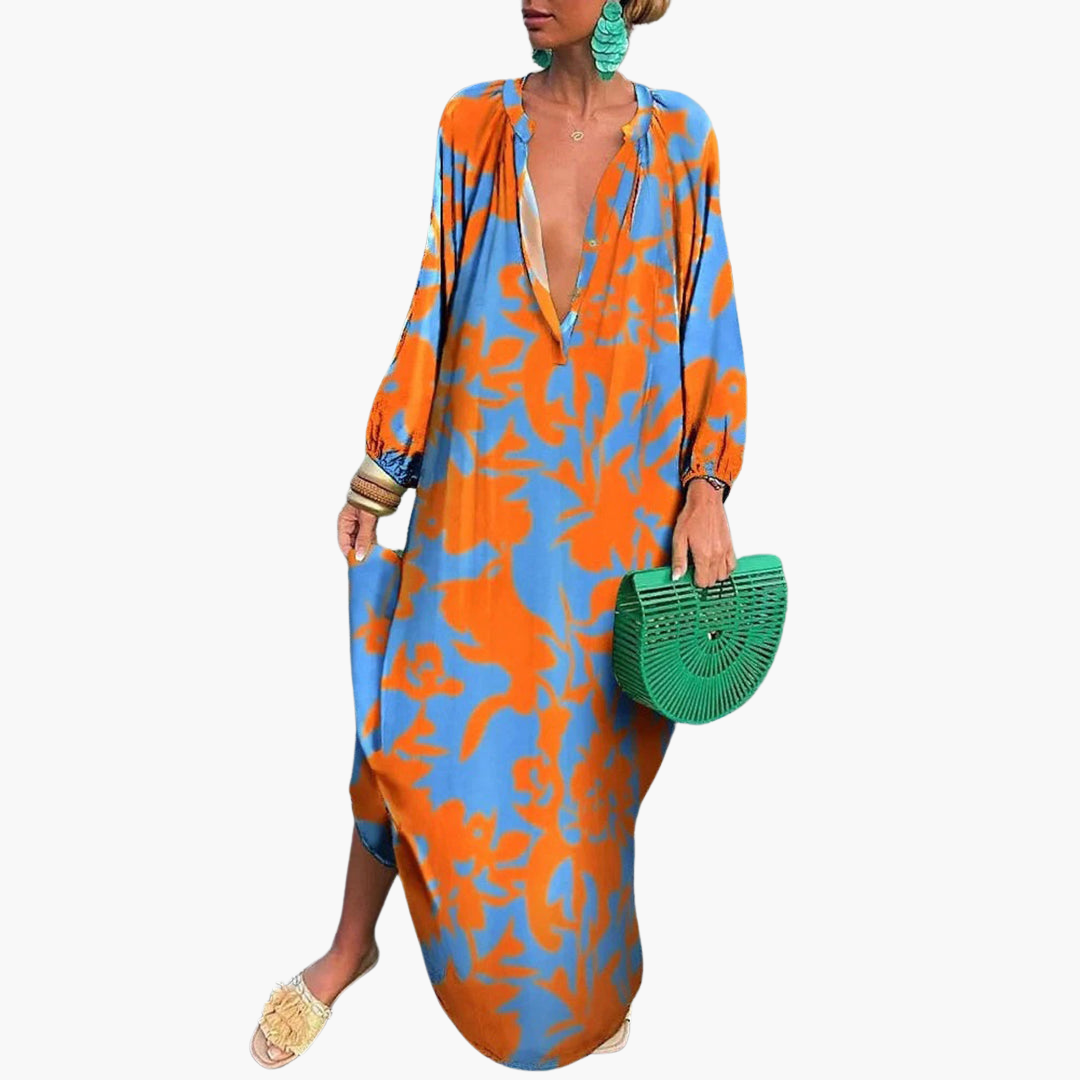 Boho chic women's oversized V-neck maxi beach dress with abstract print. Ideal for vacation & casual summer.