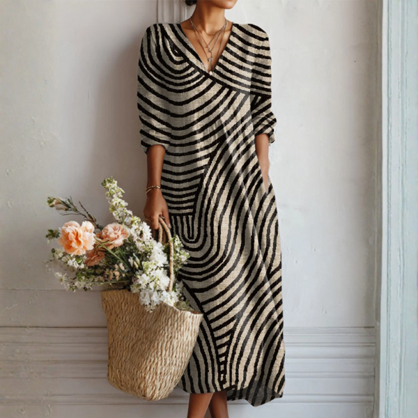 Women's abstract wave print V-neck long sleeve maxi dress; flowy & comfortable for casual spring, summer, fall fashion.