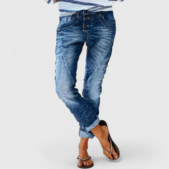 Casual women's acid wash skinny jeans with eye-catching contrast stitch detail, a fashion essential.