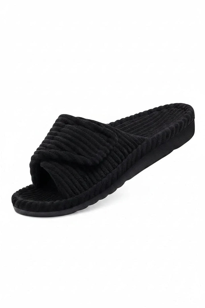 Women's open toe comfort slippers with adjustable strap, cushioned support, and lightweight design for home.